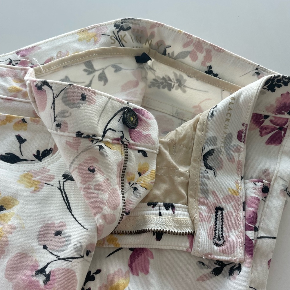 Floral Print White Women's Jeans - Pink & Yellow Blossoms - Picture 4 of 4